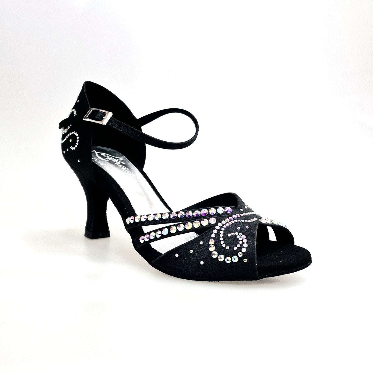 Scarpa da ballo Martina in raso di seta nero con Swarovski Boreali e tacco a rocchetto, ideale per danza elegante.