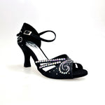Load image into Gallery viewer, MARTINA (L10) - Scarpa da Ballo in Raso Seta Nero Con Swarovski Boreali e Tacco a Rocchetto
