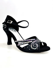 Carica immagine nella Galleria, MARTINA (L10) - Scarpa da Ballo in Raso Seta Nero Con Swarovski Boreali e Tacco a Rocchetto
