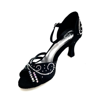 Scarpa da ballo Martina L10 in raso seta nero con Swarovski Boreali e tacco a rocchetto, vista frontale.