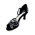 Load image into Gallery viewer, MARTINA (L10) - Scarpa da Ballo in Raso Seta Nero Con Swarovski Boreali e Tacco a Rocchetto
