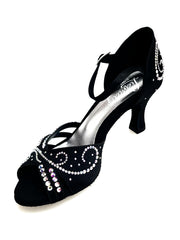 Carica immagine nella Galleria, MARTINA (L10) - Scarpa da Ballo in Raso Seta Nero Con Swarovski Boreali e Tacco a Rocchetto
