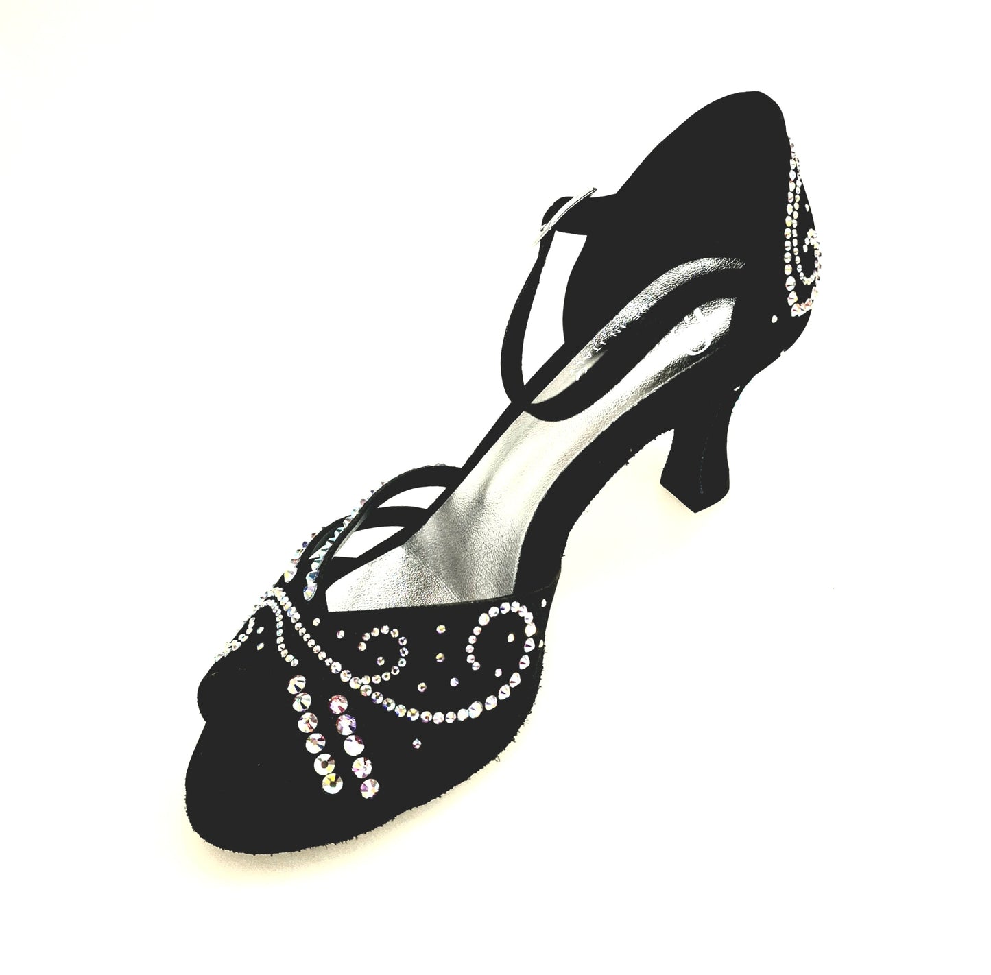 Scarpa da ballo Martina in raso seta nero con Swarovski Boreali e tacco a rocchetto, ideale per esibizioni eleganti.