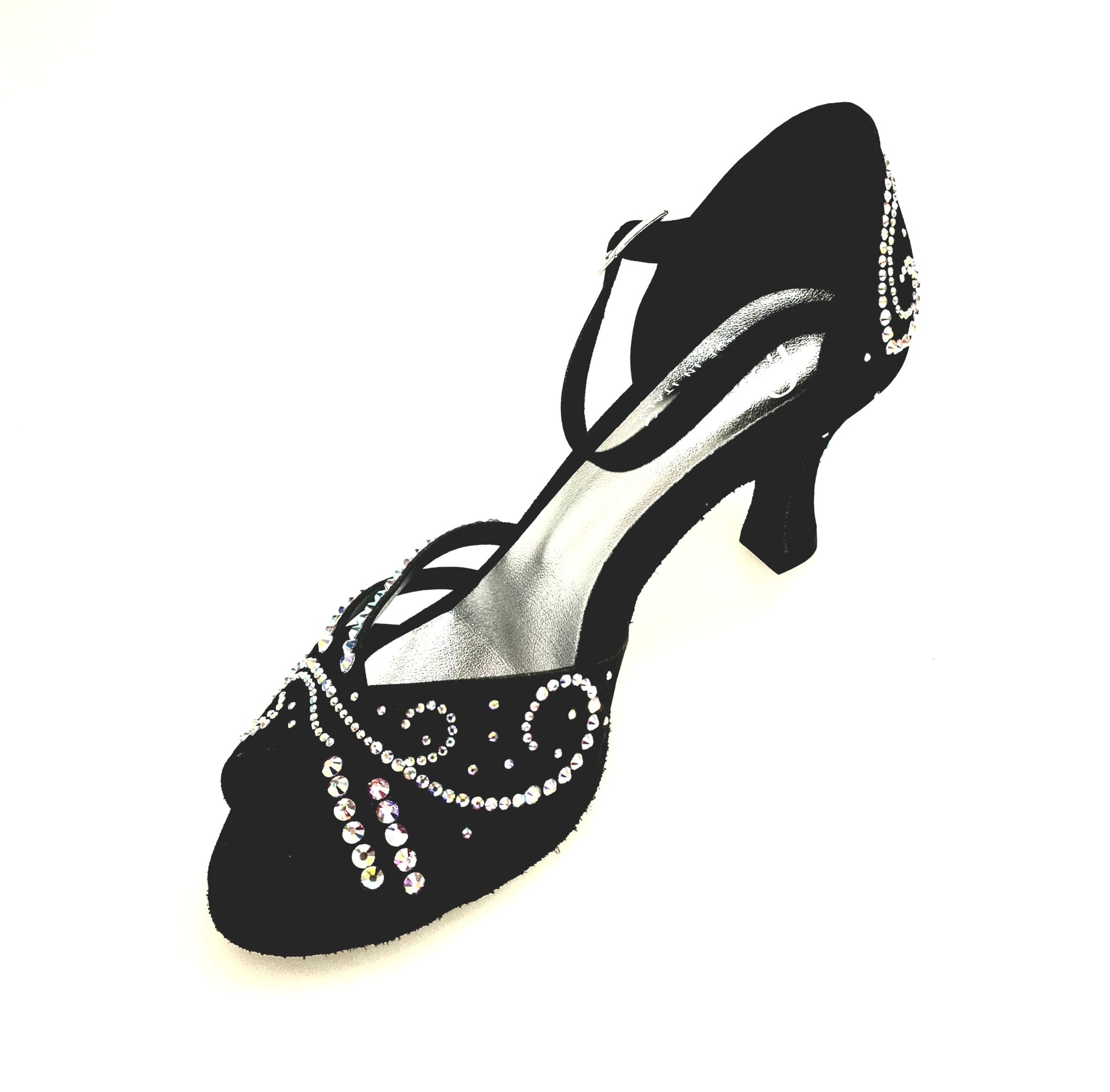 Scarpa da ballo Martina in raso seta nero con Swarovski Boreali e tacco a rocchetto, ideale per esibizioni eleganti.