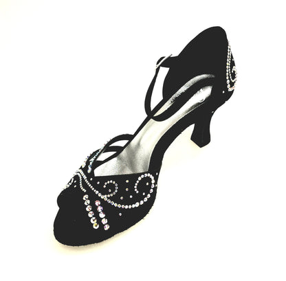 Scarpa da ballo Martina in raso seta nero con Swarovski Boreali e tacco a rocchetto, ideale per esibizioni eleganti.