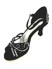 Carica immagine nella Galleria, MARTINA (L10) - Scarpa da Ballo in Raso Seta Nero Con Swarovski Boreali e Tacco a Rocchetto
