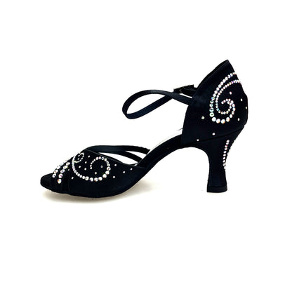 Scarpa da ballo Martina L10 in raso seta nero con Swarovski Boreali e tacco a rocchetto, show elegante e raffinato