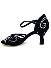 Carica immagine nella Galleria, MARTINA (L10) - Scarpa da Ballo in Raso Seta Nero Con Swarovski Boreali e Tacco a Rocchetto
