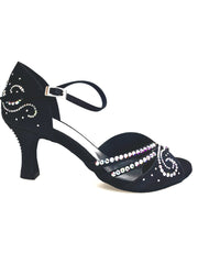 Carica immagine nella Galleria, MARTINA (L10) - Scarpa da Ballo in Raso Seta Nero Con Swarovski Boreali e Tacco a Rocchetto
