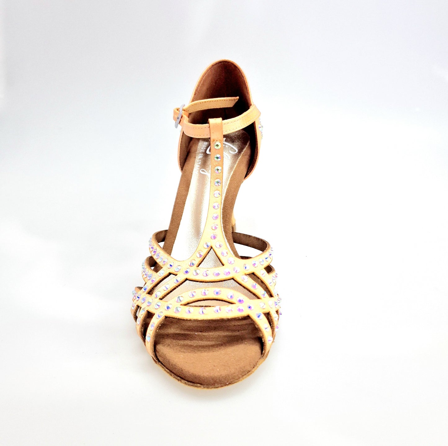 Scarpa da ballo Wish Dance Shop Lana L12 in raso seta carne con Swarovski Boreali e tacco a rocchetto, dettaglio elegante e raffinato