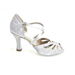Load image into Gallery viewer, DADA Diamond (L55) - Scarpa da Ballo Donna in Raso seta Argento con Cinturini incrociati sul Collopiede Swarovki Boreali Tacco a Rocchetto

