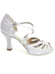 Carica immagine nella Galleria, DADA Diamond (L55) - Scarpa da Ballo Donna in Raso seta Argento con Cinturini incrociati sul Collopiede Swarovki Boreali Tacco a Rocchetto
