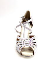 Carica immagine nella Galleria, DADA Diamond (L55) - Scarpa da Ballo Donna in Raso seta Argento con Cinturini incrociati sul Collopede con Swarovski  Boreali Ee Tacco a Rocchetto Basso
