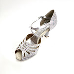 Load image into Gallery viewer, DADA Diamond (L55) - Scarpa da Ballo Donna in Raso seta Argento con Cinturini incrociati sul Collopiede Swarovki Boreali Tacco a Rocchetto
