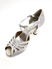 Carica immagine nella Galleria, DADA Diamond (L55) - Scarpa da Ballo Donna in Raso seta Argento con Cinturini incrociati sul Collopiede Swarovki Boreali Tacco a Rocchetto
