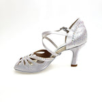 Load image into Gallery viewer, DADA Diamond (L55) - Scarpa da Ballo Donna in Raso seta Argento con Cinturini incrociati sul Collopiede Swarovki Boreali Tacco a Rocchetto

