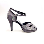 Carica immagine nella Galleria, DELUXE MARIPOSA (LP102) - Scarpa da Ballo in Morbido Camoscio Grigio Scuro con Swarovski Boreali Plateau Confort Flex e Tacco Basso a Spillo Largo

