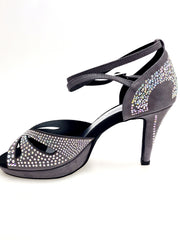 Carica immagine nella Galleria, DELUXE MARIPOSA (LP102) - Scarpa da Ballo in Morbido Camoscio Grigio Scuro con Swarovski Boreali Plateau Confort Flex e Tacco Basso a Spillo Largo
