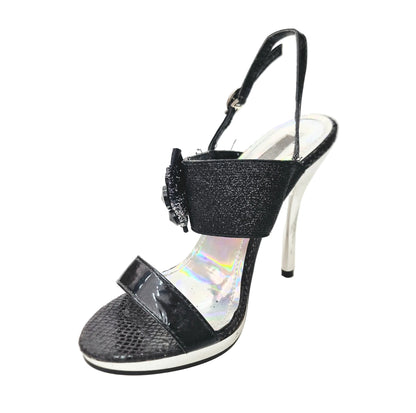 Sandalo nero DEMY Plt con plateau e tacco a spillo largo, calzature Wish Dance Shop, vista dall'angolazione frontale.