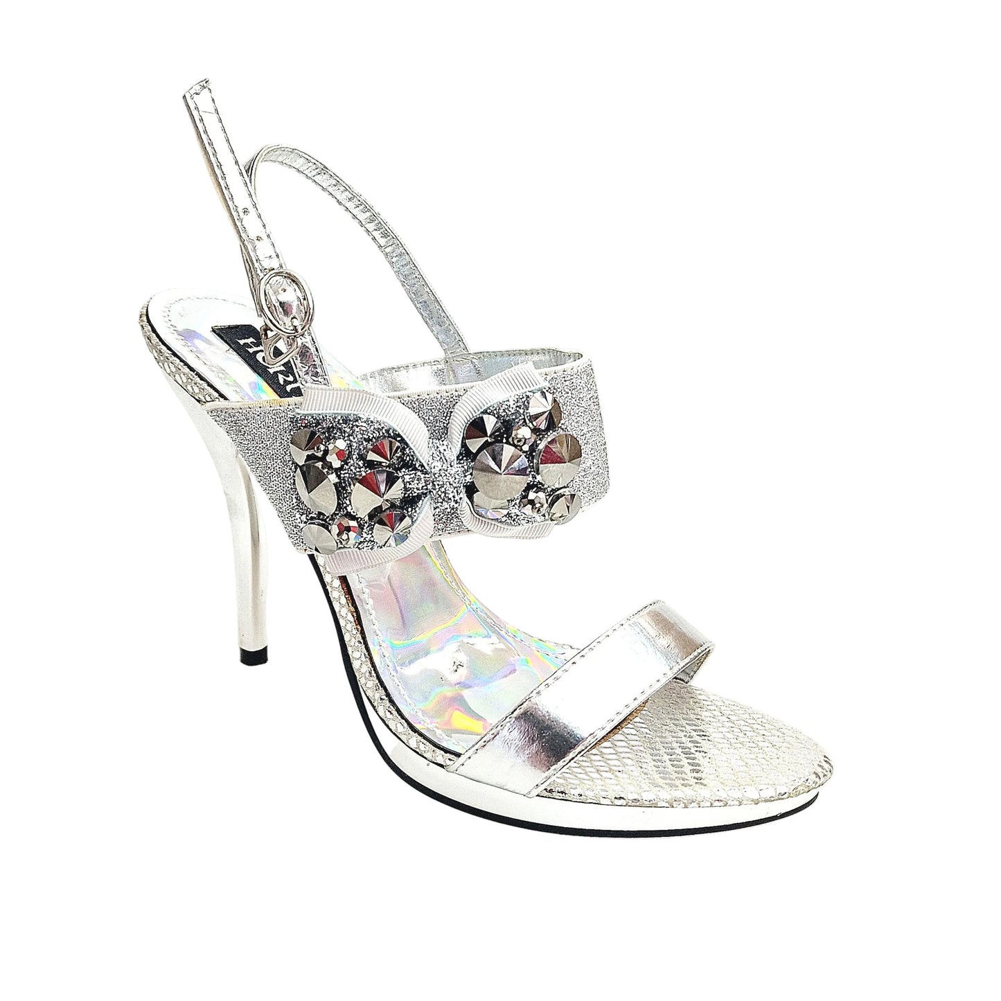 Sandalo con plateau e tacco a spillo largo DEMY Plt Silver F99 di Wish Dance Shop, dettaglio della tomaia e suola in vista