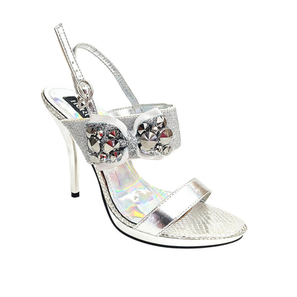 Sandalo con plateau e tacco a spillo largo DEMY Plt Silver F99 di Wish Dance Shop, dettaglio della tomaia e suola in vista