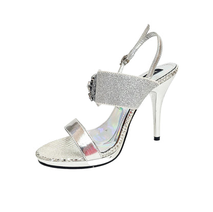 Sandali con plateau e tacco a spillo largo DEMY Plt Silver F99 di Wish Dance Shop, primi piani con dettagli metallici.