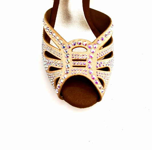 Scarpa da ballo donna DADA DIAMOND QC in raso seta carne con Swarovski Boreali, cinturino incrociato e tacco rocchetto basso