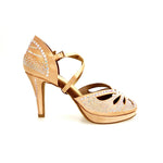 Carica immagine nella Galleria, DADA Diamond Plus QC (LP55) - Scarpa da Ballo da Donna in Raso Seta Carne Flesh cinturino incrociato al collopiede con Swarovski  Boreali Tacco a Spillo Largo Basso e Plateau Flex
