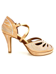 Carica immagine nella Galleria, DADA Diamond Plus QC (LP55) - Scarpa da Ballo da Donna in Raso Seta Carne Flesh cinturino incrociato al collopiede con Swarovski  Boreali Tacco a Spillo Largo Basso e Plateau Flex
