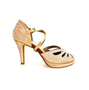 DADA Diamond Plus QC (LP55) - Scarpa da Ballo da Donna in Raso Seta Carne Flesh cinturino incrociato al collopiede con Swarovski  Boreali Tacco a Spillo Largo Basso e Plateau Flex