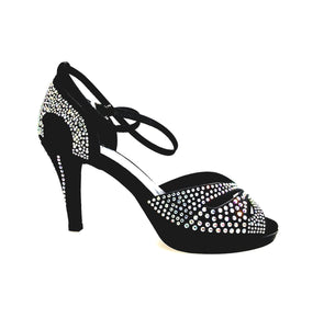 DELUXE MARIPOSA (LP102) - Scarpa da Ballo in Raso Seta Nera con Swarovski Boreali Plateau Flex e Tacco Basso a Spillo Largo