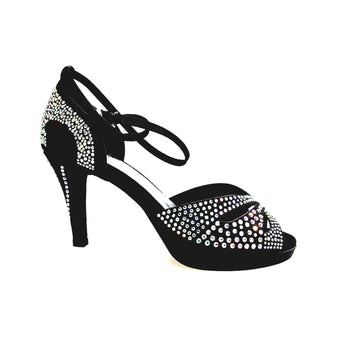DELUXE MARIPOSA (LP102) - Scarpa da Ballo in Raso Seta Nera con Swarovski Boreali Plateau Flex e Tacco Basso a Spillo Largo