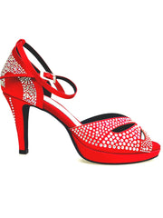 Carica immagine nella Galleria, DELUXE MARIPOSA (LP102) - Scarpa da Ballo in Raso Seta Rosso Intenso con Swarovski Boreali Plateau Confort Flex e Tacco basso a Spillo Largo
