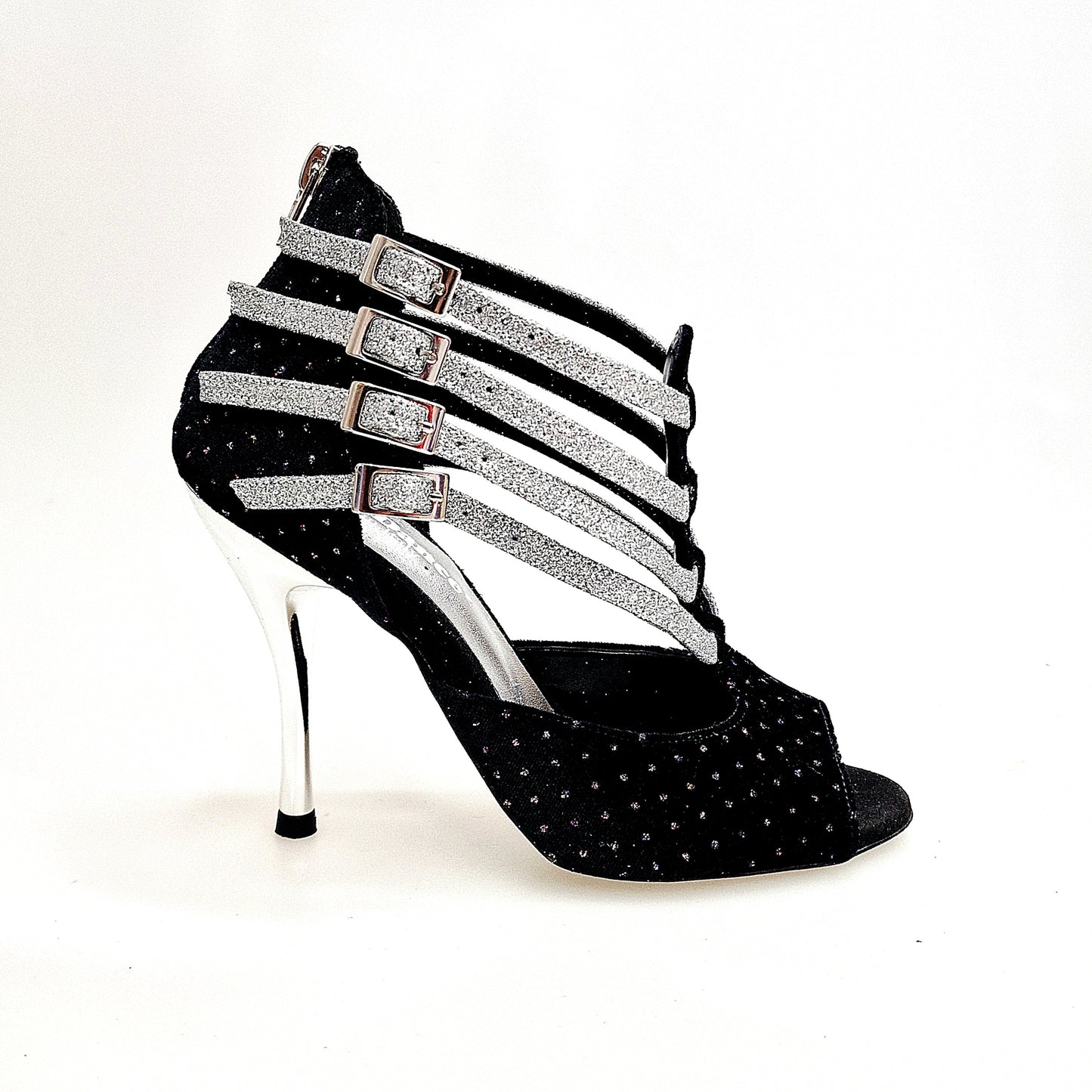 Scarpa da donna Lussuria in velluto nero con punti luce boreali, cinturini glitter argento e tacco a spillo laminato argento.