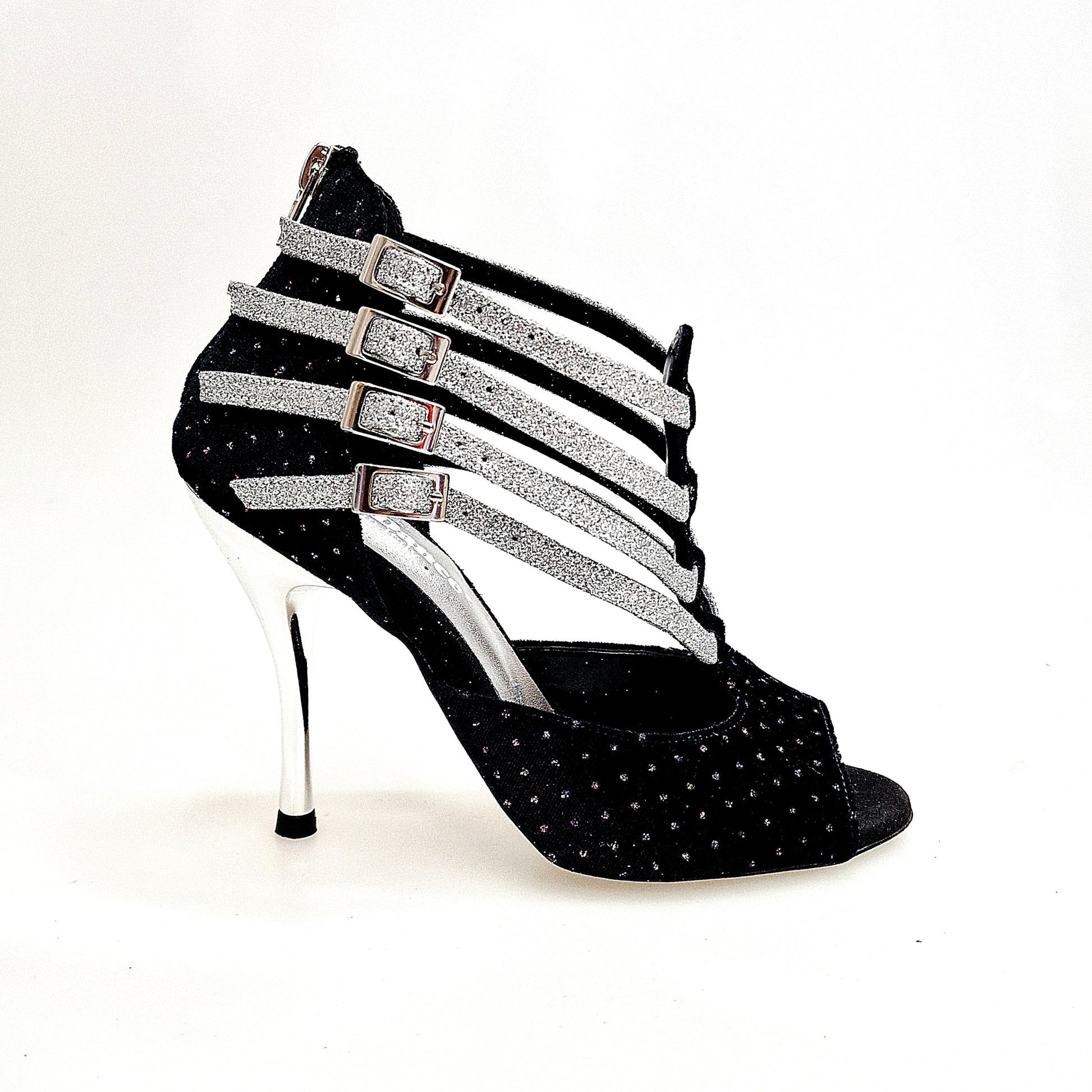 Scarpa da donna Lussuria in velluto nero con punti luce boreali, cinturini glitter argento e tacco a spillo laminato argento.