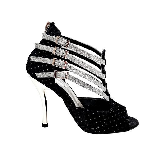 Scarpa da donna Lussuria (779) in velluto nero con punti luce boreali, cinturini glitter argento e tacco a spillo laminato argentato.