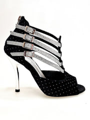 Carica immagine nella Galleria, Lussuria (779) - Scarpa da Donna in Velluto Nero e Punti Luce Boreali e Cinturini in Glitter Argento con Tacco a Spillo Laminato Argento
