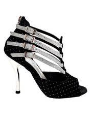 Carica immagine nella Galleria, Lussuria (779) - Scarpa da Donna in Velluto Nero e Punti Luce Boreali e Cinturini in Glitter Argento con Tacco a Spillo Laminato Argento
