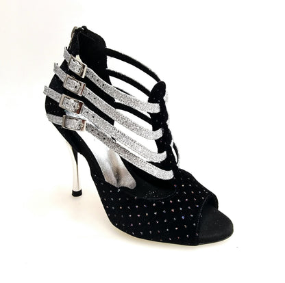 Scarpa da donna Lussuria (779) in velluto nero con punti luce boreali, cinturini glitter argento e tacco a spillo laminato argento