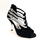 Load image into Gallery viewer, Lussuria (779) - Scarpa da Donna in Velluto Nero e Punti Luce Boreali e Cinturini in Glitter Argento con Tacco a Spillo Laminato Argento
