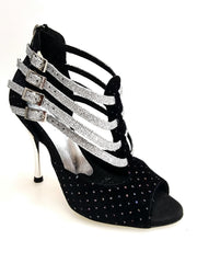 Carica immagine nella Galleria, Lussuria (779) - Scarpa da Donna in Velluto Nero e Punti Luce Boreali e Cinturini in Glitter Argento con Tacco a Spillo Laminato Argento
