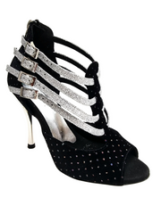 Carica immagine nella Galleria, Lussuria (779) - Scarpa da Donna in Velluto Nero e Punti Luce Boreali e Cinturini in Glitter Argento con Tacco a Spillo Laminato Argento
