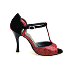 Load image into Gallery viewer, BELL Red/Black (R.L. by WISH DANCE) - Sandalo da donna in camoscio nero e Galleria Rosso con Tacco Alto a Rocchettino Sottile Smaltato nero
