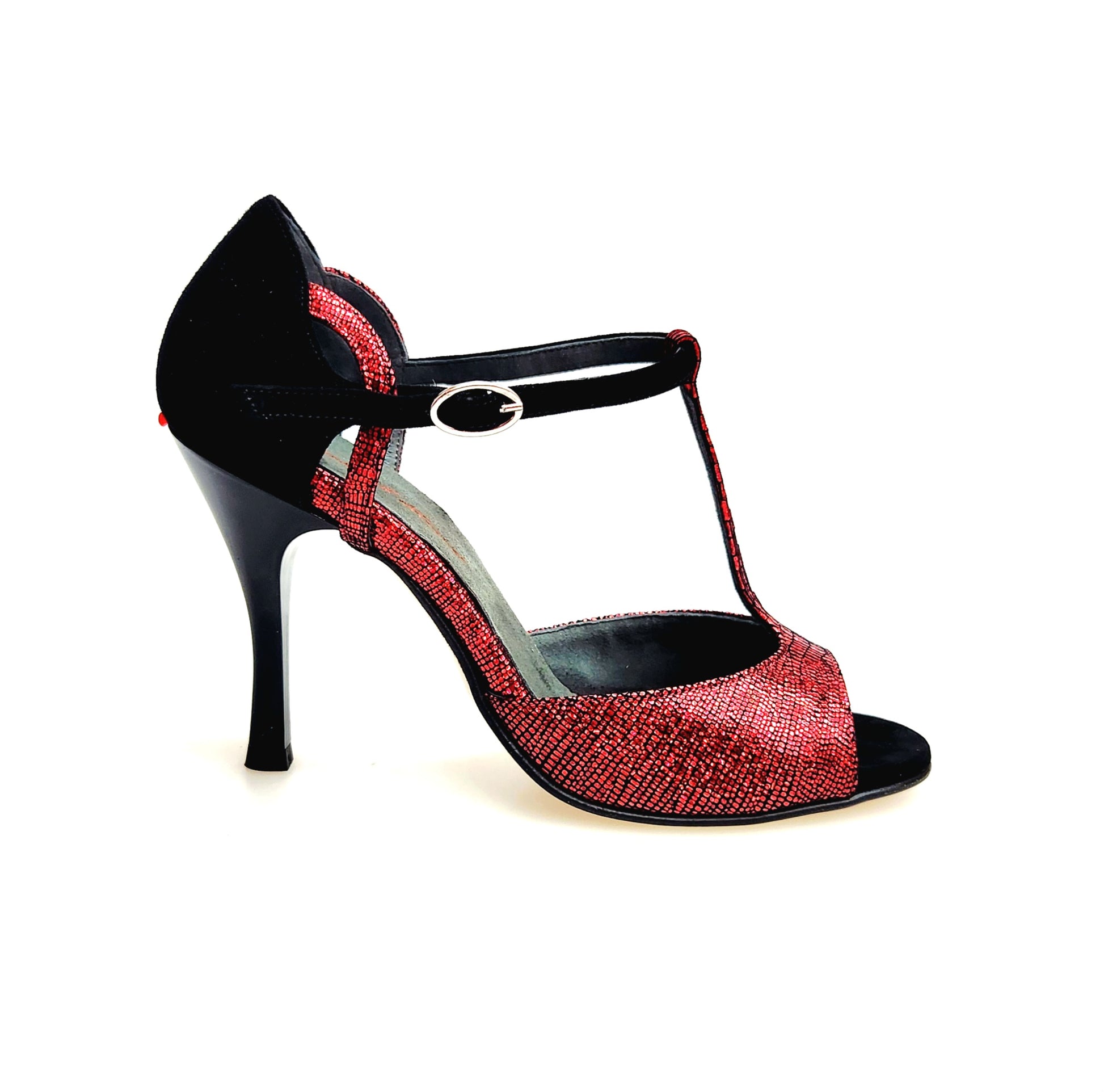 Sandalo da donna Wish Dance in camoscio nero e rosso con tacco alto sottile, design elegante e dettagli colorati.