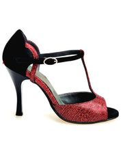 Load image into Gallery viewer, BELL Red/Black (R.L. by WISH DANCE) - Sandalo da donna in camoscio nero e Galleria Rosso con Tacco Alto a Rocchettino Sottile Smaltato nero
