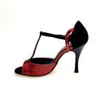 Load image into Gallery viewer, BELL Red/Black (R.L. by WISH DANCE) - Sandalo da donna in camoscio nero e Galleria Rosso con Tacco Alto a Rocchettino Sottile Smaltato nero
