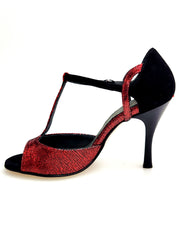 Load image into Gallery viewer, BELL Red/Black (R.L. by WISH DANCE) - Sandalo da donna in camoscio nero e Galleria Rosso con Tacco Alto a Rocchettino Sottile Smaltato nero
