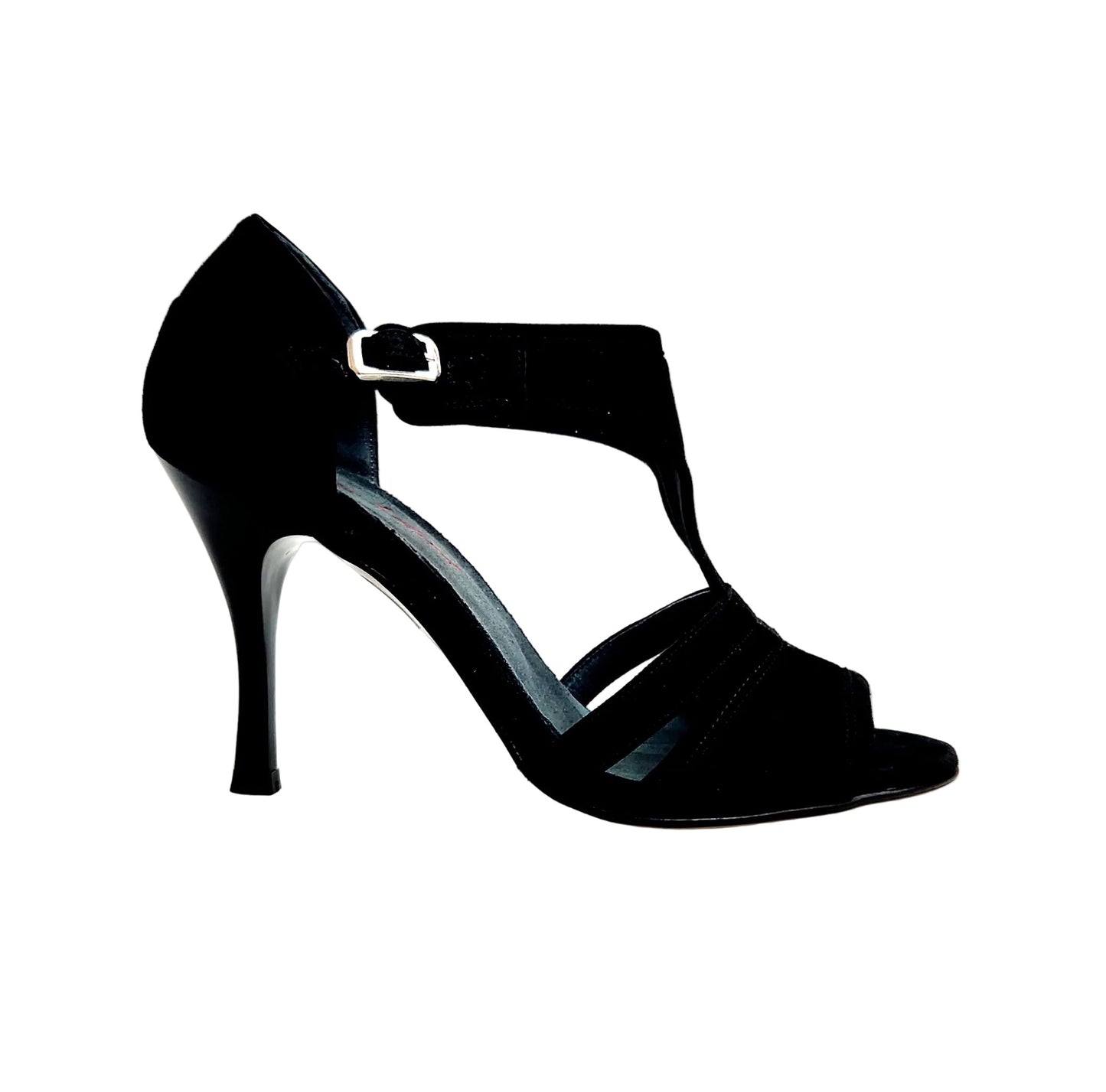 Sandalo da donna Wish Dance ROXINA in camoscio nero con tacco sottile a rocchetto smaltato nero.