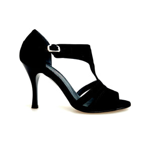 ROXINA (R.L. XENA By WISH DANCE ) - Sandalo da donna in camoscio nero con Tacco a Rocchettino Sottile Smaltato Nero