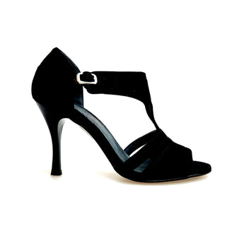ROXINA (R.L. XENA By WISH DANCE ) - Sandalo da donna in camoscio nero con Tacco a Rocchettino Sottile Smaltato Nero